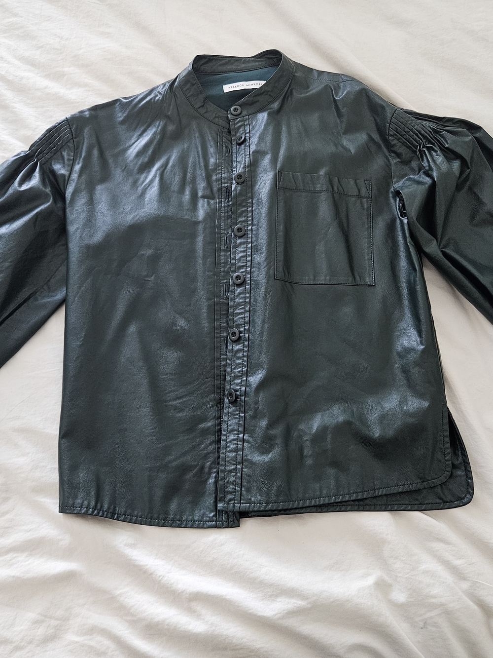 Dark Green Faux-Leather Forest Green Band Collar Shirt Jacket (Fits Xs - S)